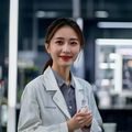 九九精品国产评测总监王梦琦，女性，专业妆容，在实验室背景前微笑，展示国货护肤品评测专业形象